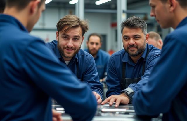 Skilled mechanics working together in a clean auto workshop